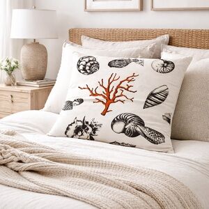 Coastal Seashell Coral Pillow Cover Modern Beach House Cotton Euro 26” Square